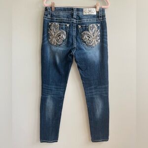 Miss Me Statement Pocket Silver Fleur De Lis Dark Blue Skinny Jeans